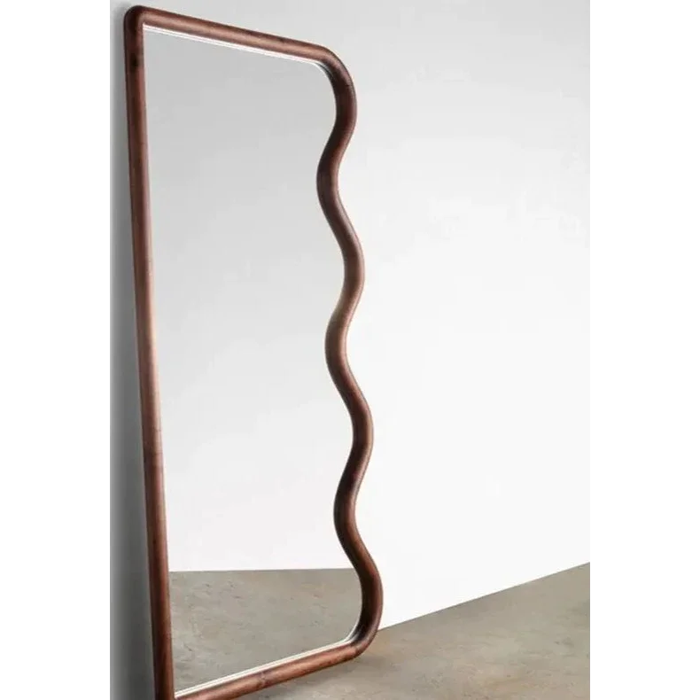 Modern Curved Wooden Mirror and Chair Set – Sculptural Walnut Natural Oak Design for Minimalist Interiors