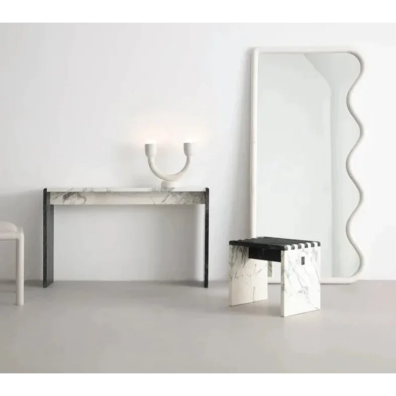 Modern Curved Wooden Mirror and Chair Set – Sculptural Walnut Natural Oak Design for Minimalist Interiors