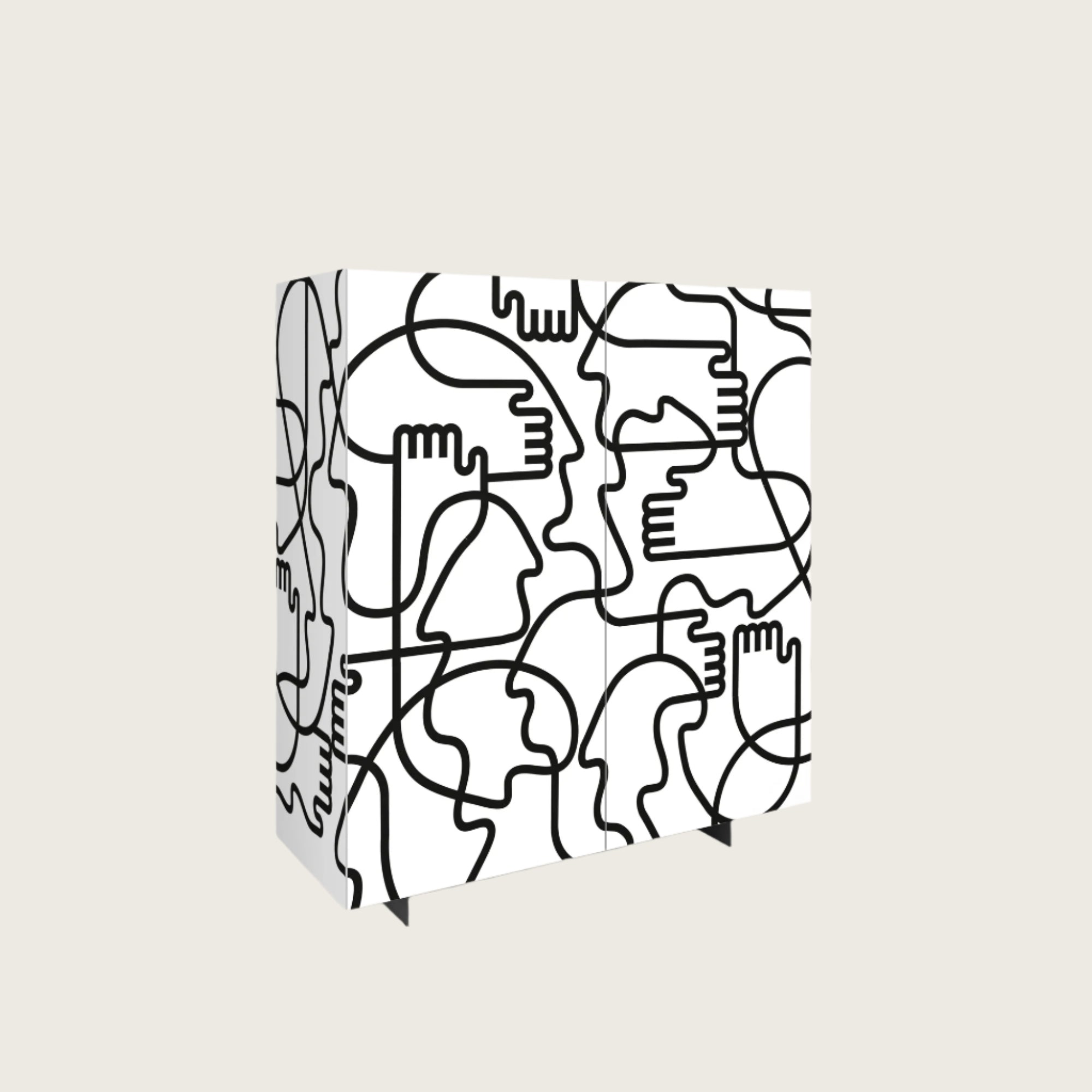 Modern Abstract Line Art Cabinet - Black and White Storage Unit with ...