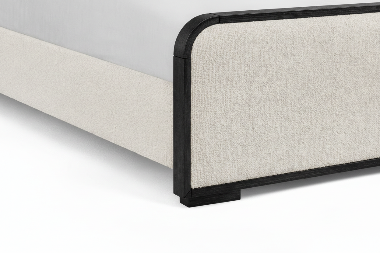 The Solenne Upholstered Bed | Solid Black Oak & Wool Bouclé Upholstered Headboard