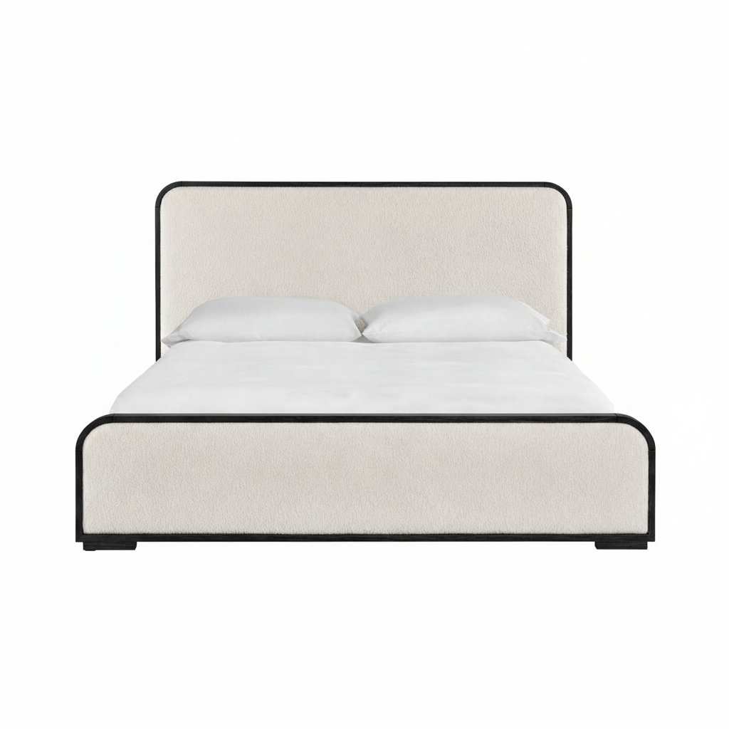 The Solenne Upholstered Bed | Solid Black Oak & Wool Bouclé Upholstered Headboard