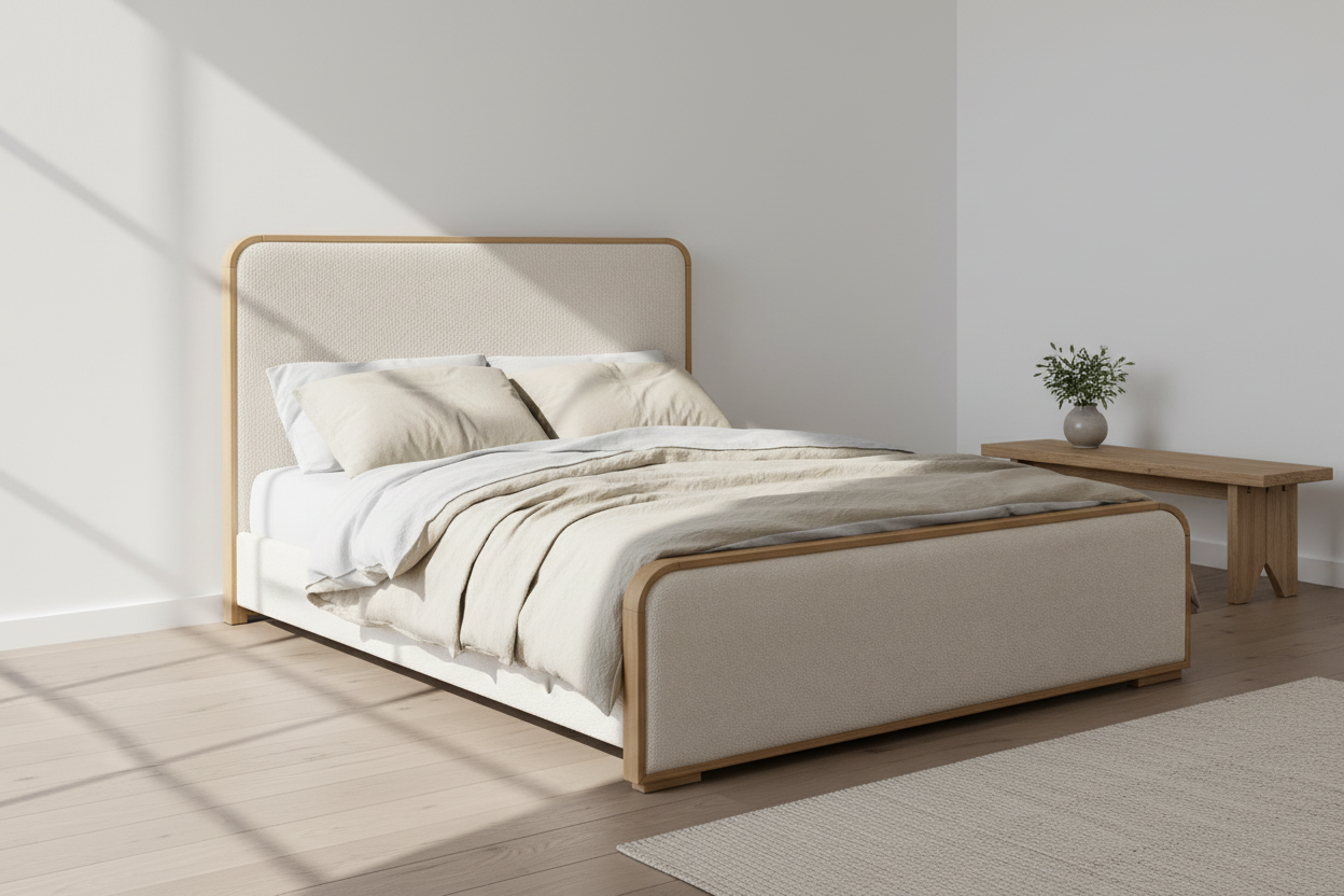 The Solenne Upholstered Bed | Solid Light Oak & Wool Bouclé