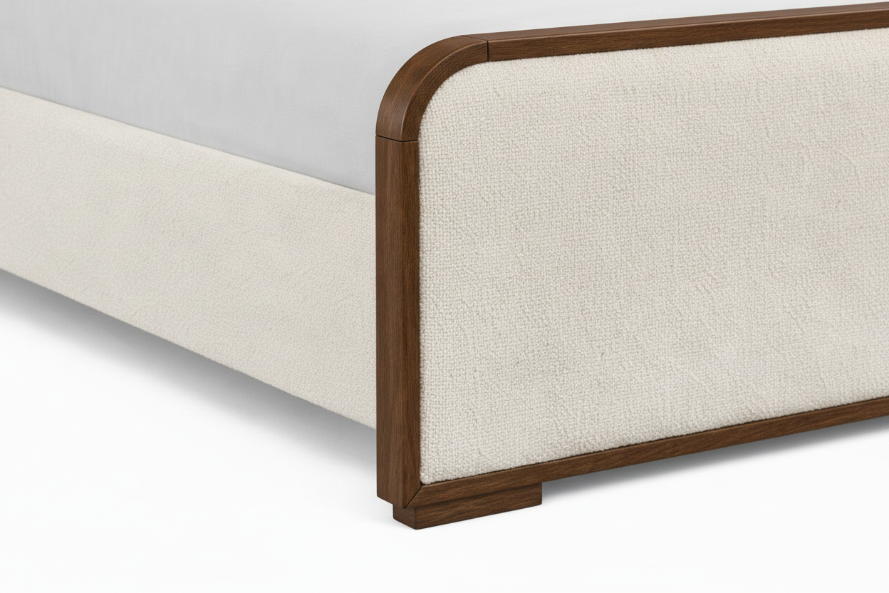 The Solenne Upholstered Bed | Solid Oak & Wool Bouclé | Walnut Oak Finish