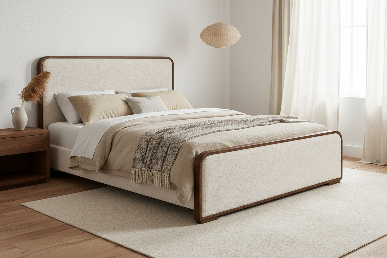 The Solenne Upholstered Bed | Solid Oak & Wool Bouclé | Walnut Oak Finish