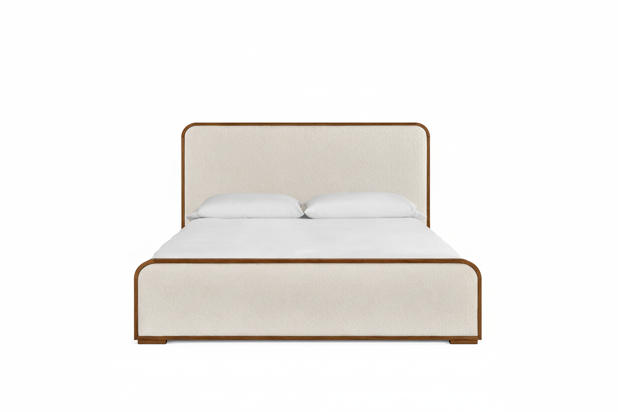 The Solenne Upholstered Bed | Solid Oak & Wool Bouclé | Walnut Oak Finish