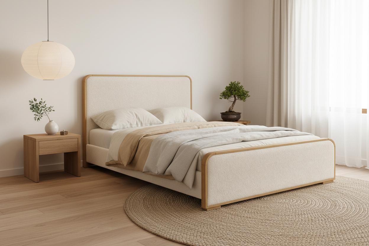 The Solenne Upholstered Bed | Solid Light Oak & Wool Bouclé