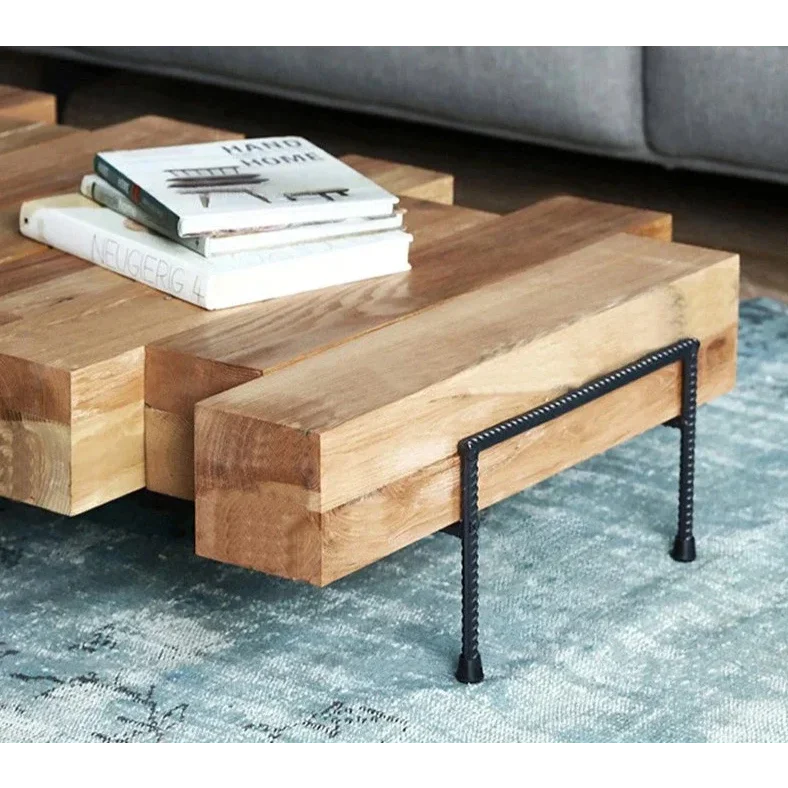 Industrial Rustic Solid Wood Coffee Table – Chunky Block Design with Metal Legs