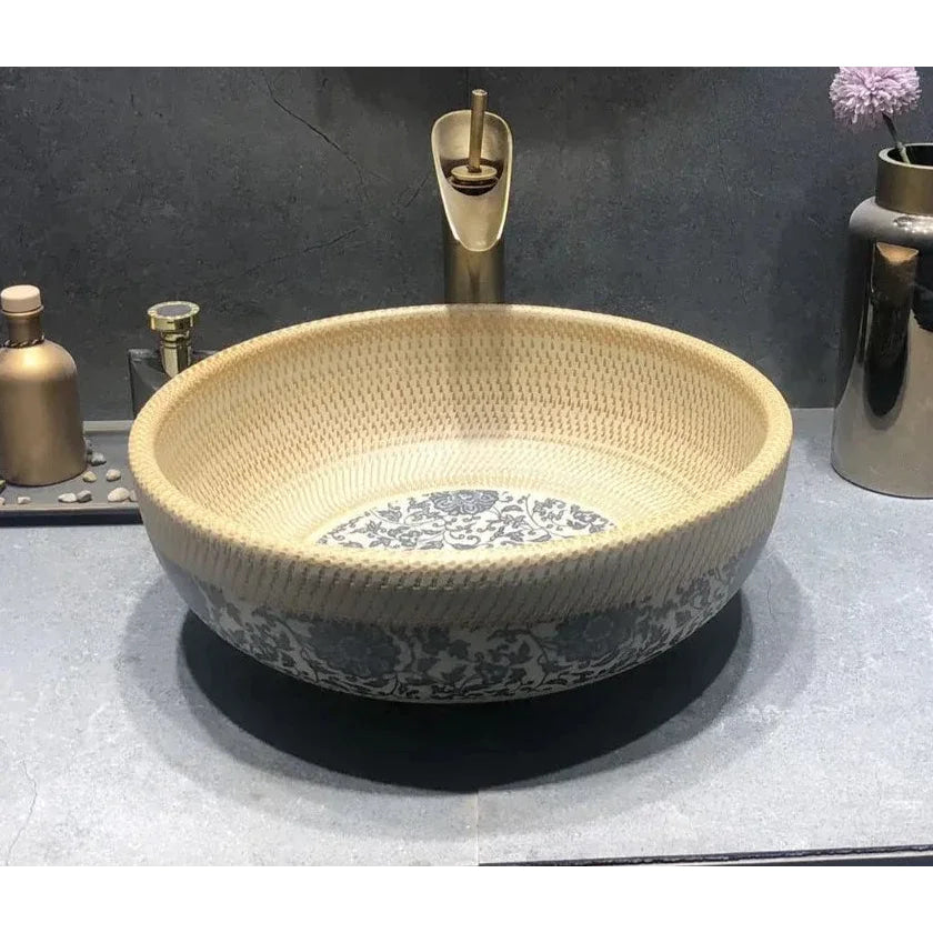 Traditional Hand-painted Blue Floral Ceramic Basin with Brass Faucet | Luxury Bathroom