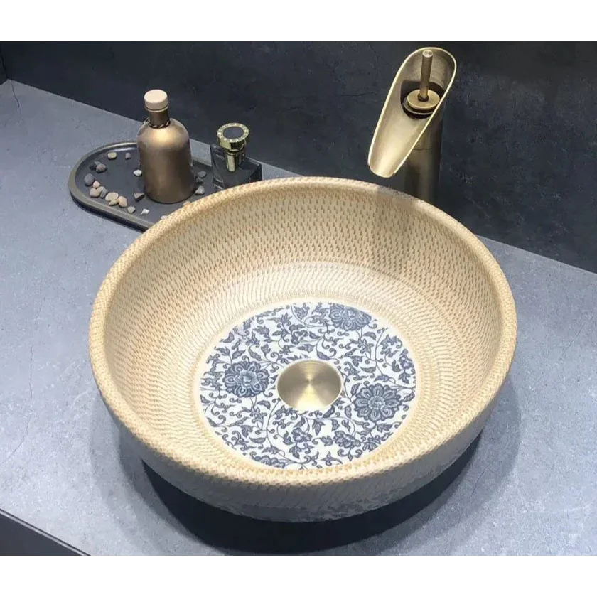Traditional Hand-painted Blue Floral Ceramic Basin with Brass Faucet | Luxury Bathroom