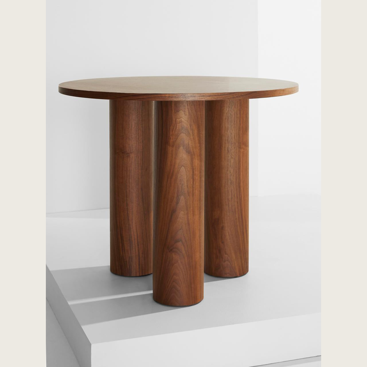 Minimalist Walnut Round Side Table with Cylindrical Column Base