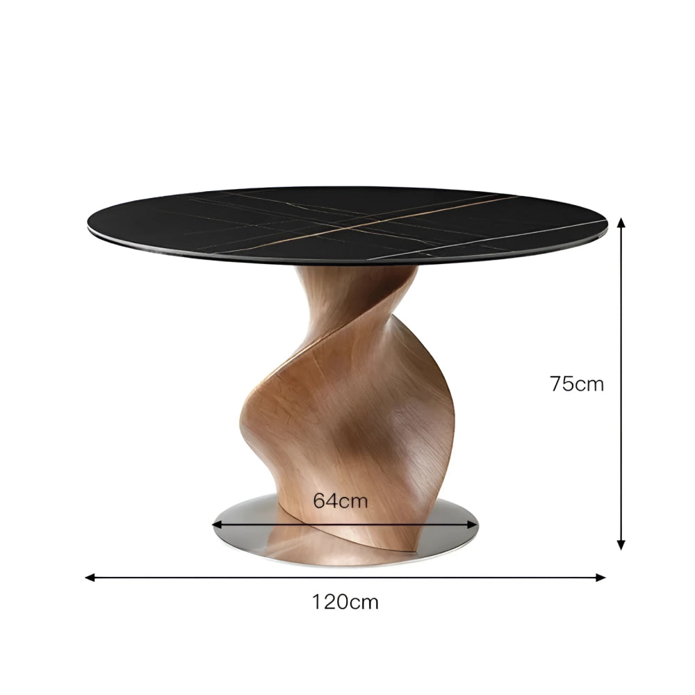 Luxury Round Dining Table with Black Marble Top and Sculptural Wood Base