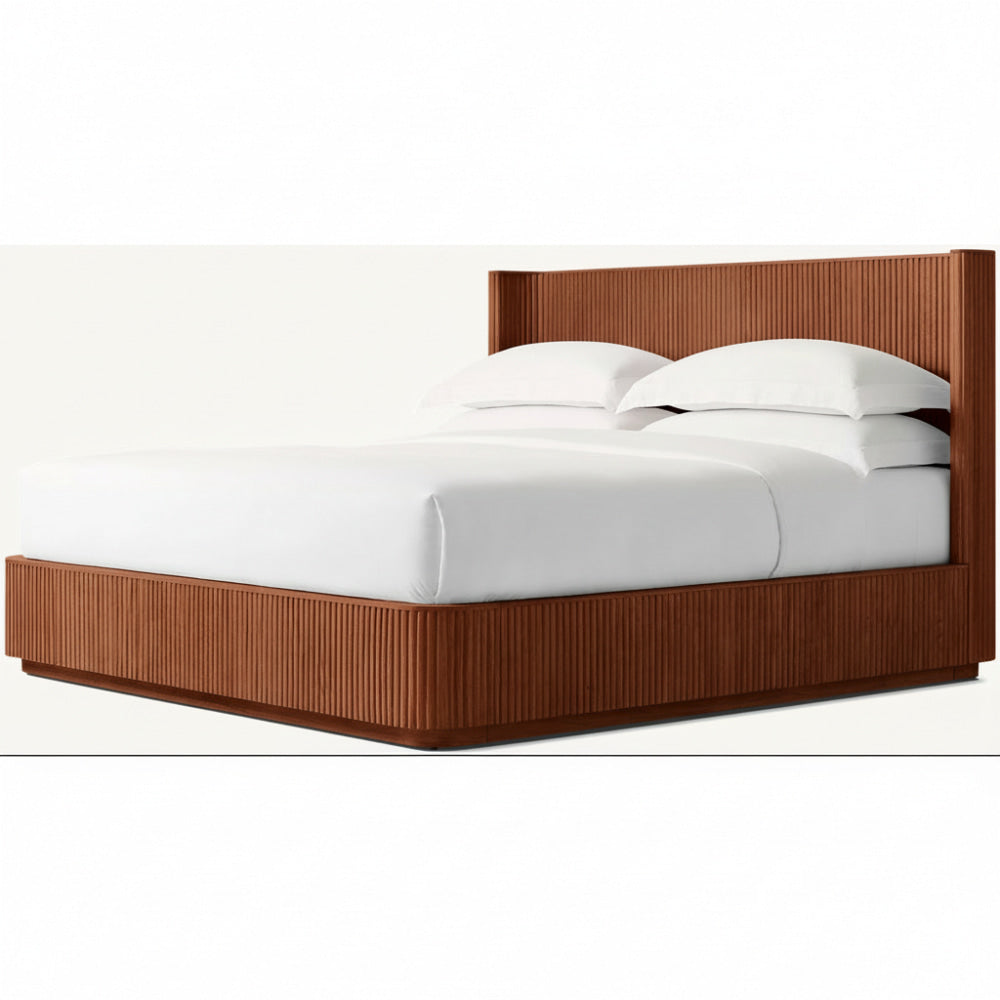 Fluted Oak Platform Bed | HLMPrhy58 - Double / Rosewood - Beds
