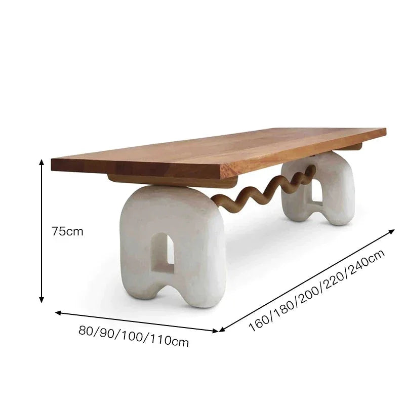 Modern Sculptural Dining Table – Solid Wood Top with Curved Stone base design