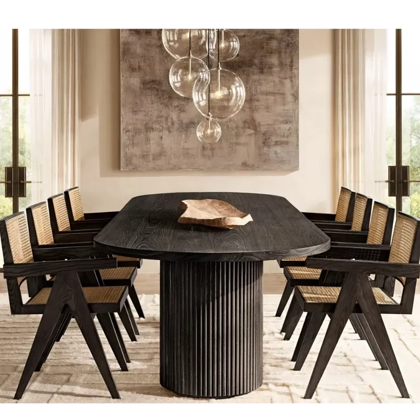 Modern Oak Dining Table | Minimalist Oval Wood with Fluted Pedestal Base | Luxury Interiors
