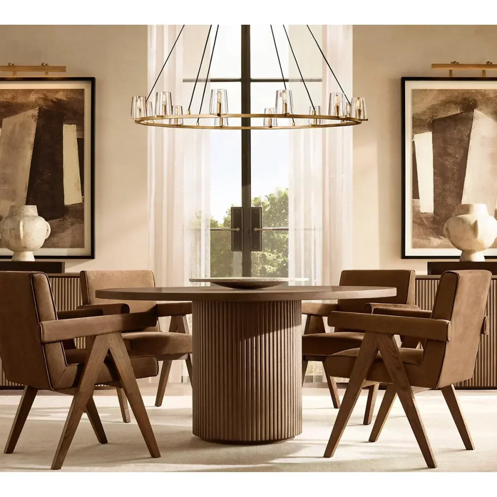 Luxury Fluted Round Wood Dining Table - Japandi Minimalist Design