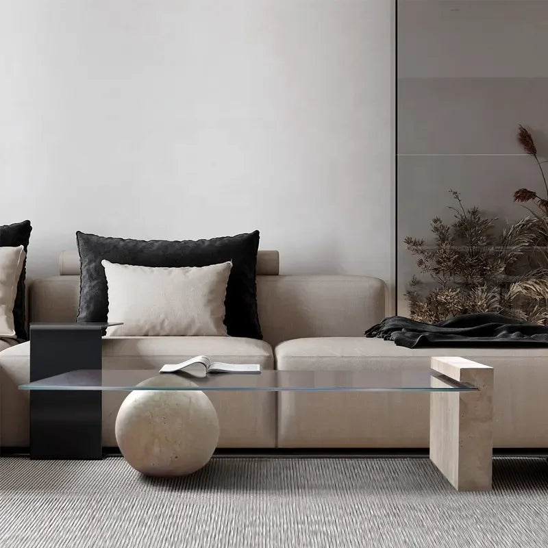 Travertine Glass Coffee Table - Luxury Modern Minimalism Living Room