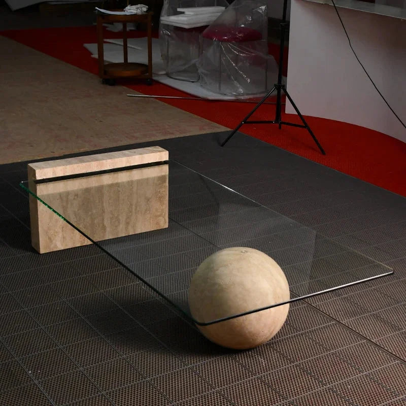 Travertine Glass Coffee Table - Luxury Modern Minimalism Living Room