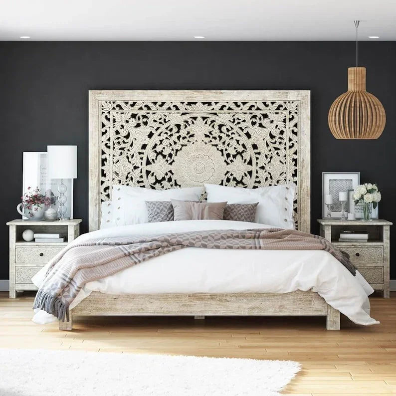 Hand-carved Mandala Bed Frame – Solid Wood King/queen Size