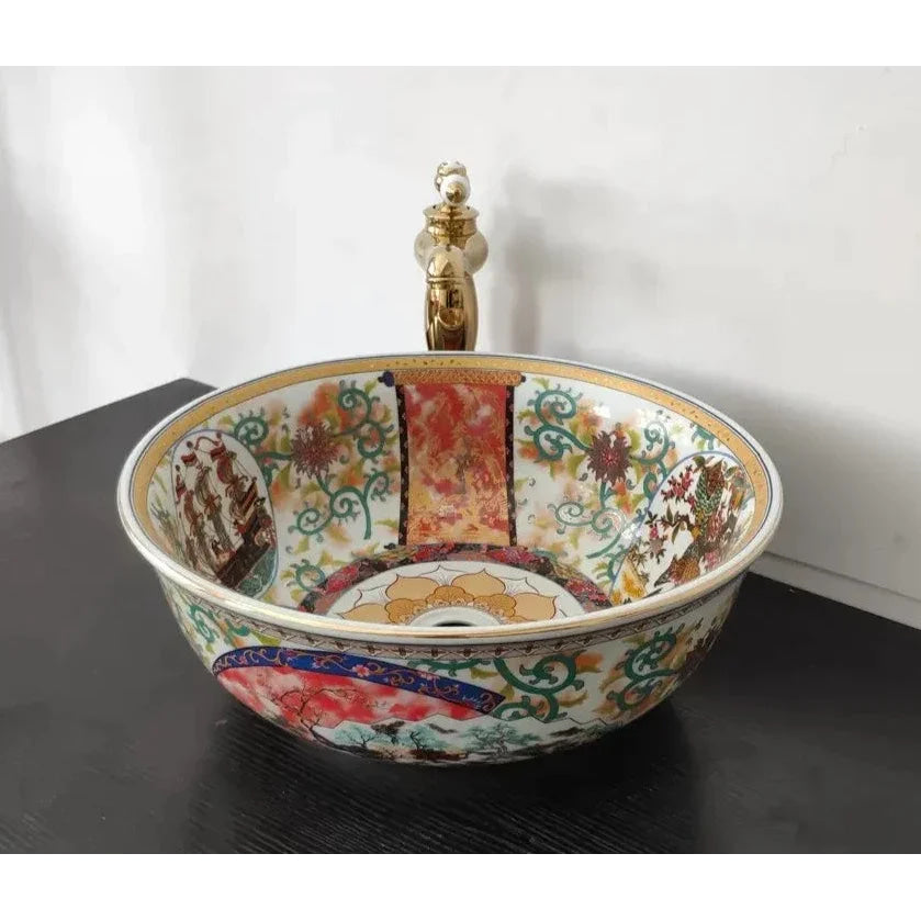 Artisan Hand-painted Ceramic Basin with Ornate Gold Faucet