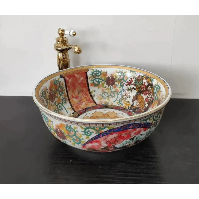 Artisan Hand-painted Ceramic Basin with Ornate Gold Faucet