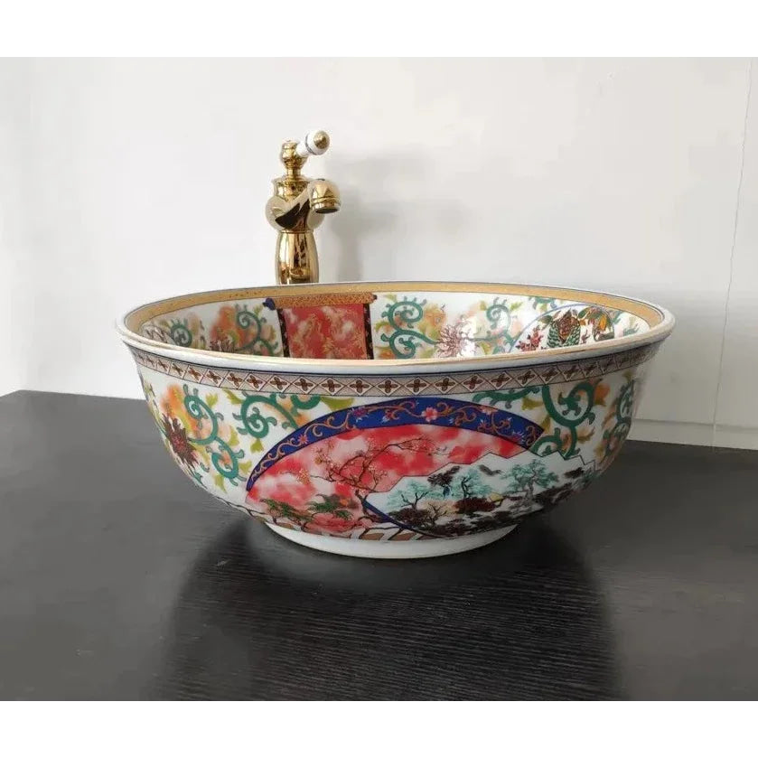 Artisan Hand-painted Ceramic Basin with Ornate Gold Faucet