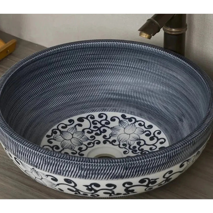Handcrafted Blue and White Ceramic Vessel Sink with Floral Design | Luxury Bathrooms
