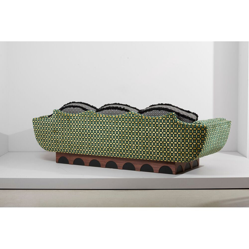 Designer Green Geometric Upholstery Wooden Base Artistic Three-seater Couch | Luxury Interiors