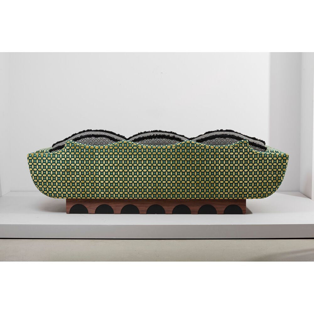 Designer Green Geometric Upholstery Wooden Base Artistic Three-seater Couch | Luxury Interiors