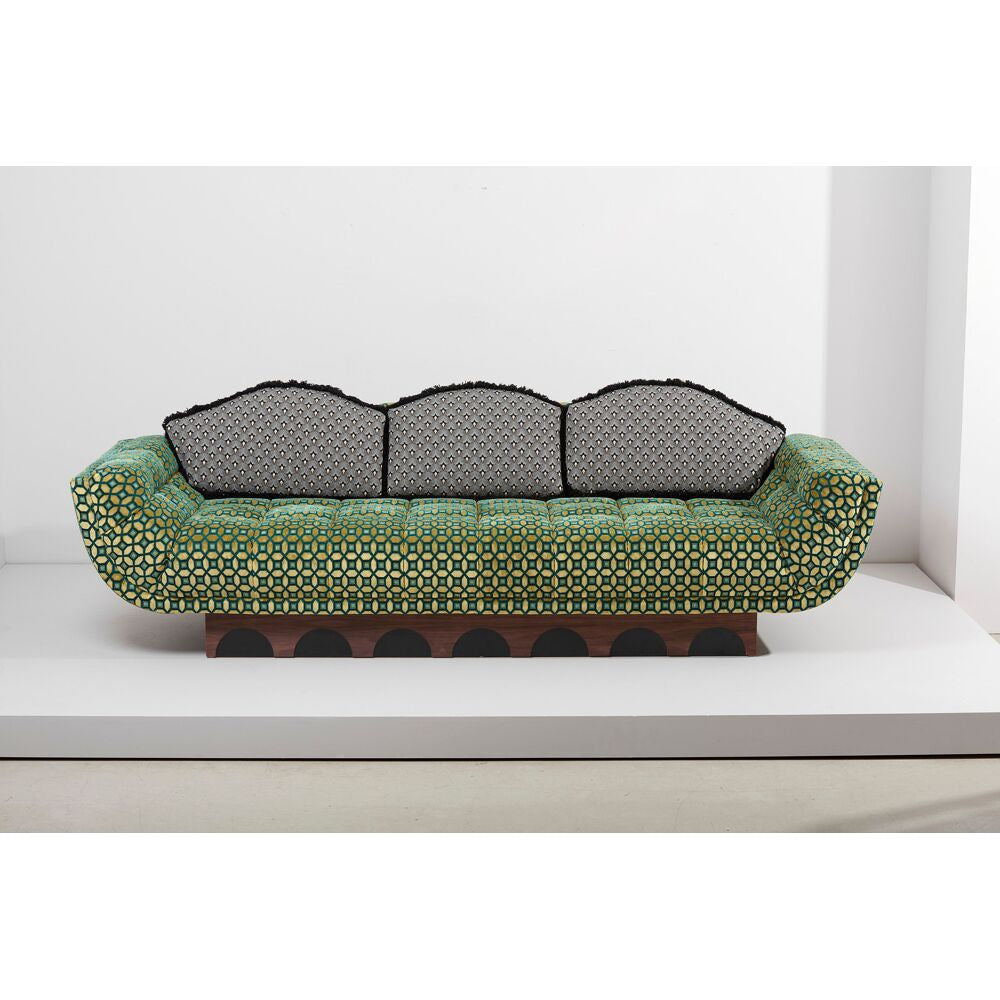 Designer Green Geometric Upholstery Wooden Base Artistic Three-seater Couch | Luxury Interiors