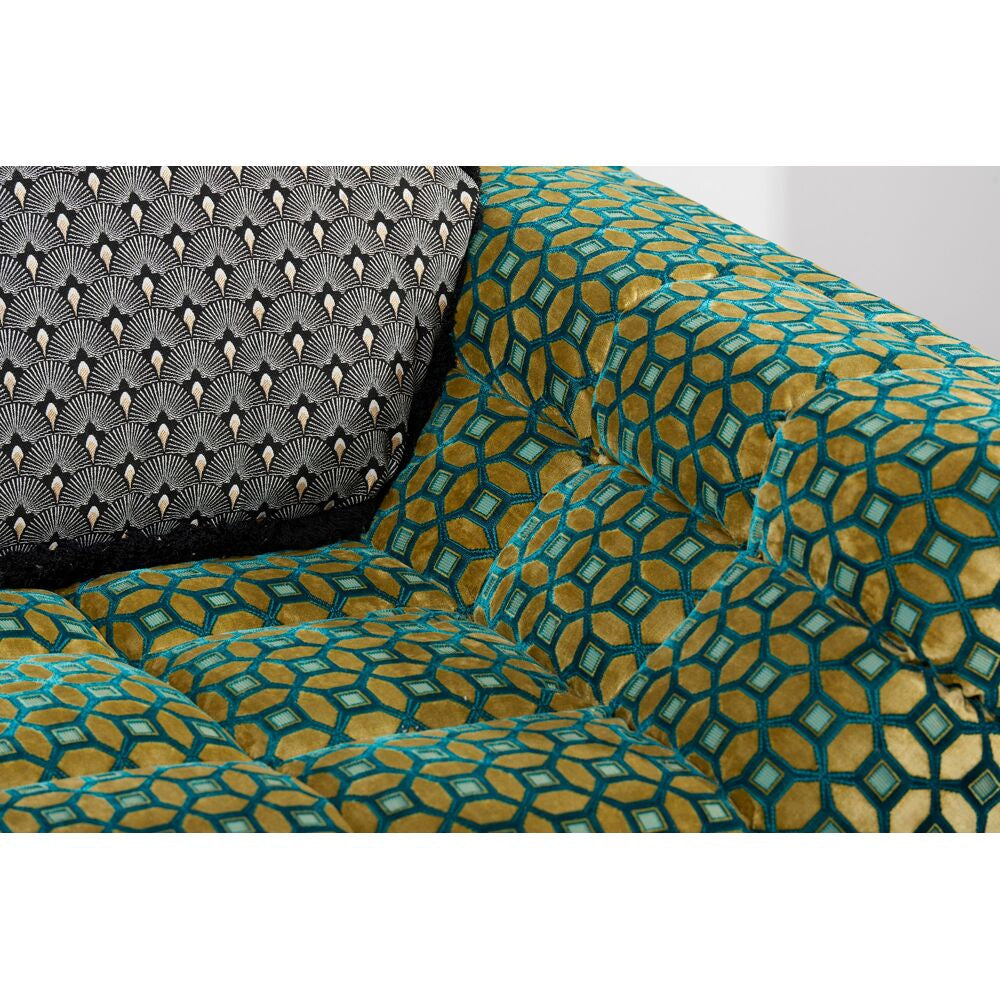 Designer Green Geometric Upholstery Wooden Base Artistic Three-seater Couch | Luxury Interiors