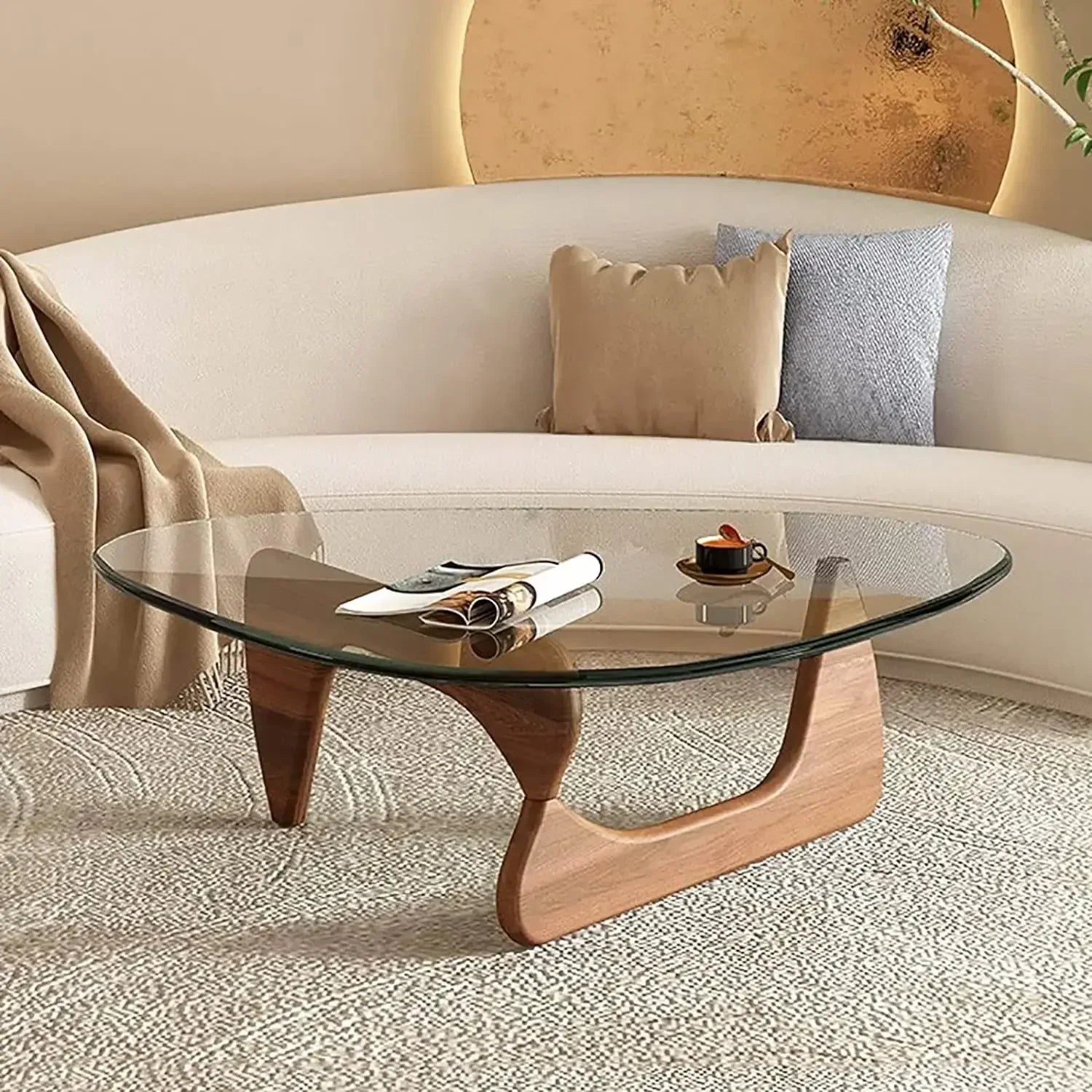 Noguchi Inspired Oval Glass Coffee Table – Elegant Japandi Wood Base for Modern Living Rooms
