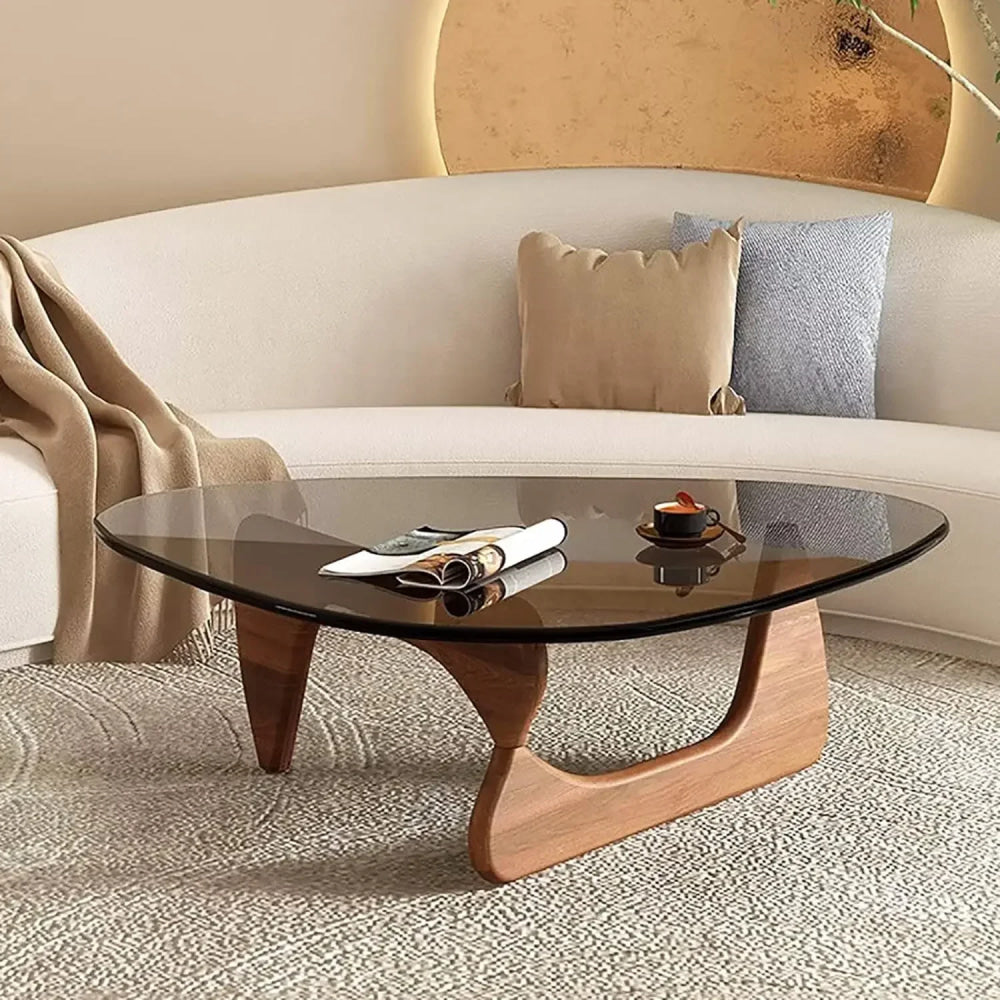 Noguchi Inspired Oval Glass Coffee Table – Elegant Japandi Wood Base for Modern Living Rooms