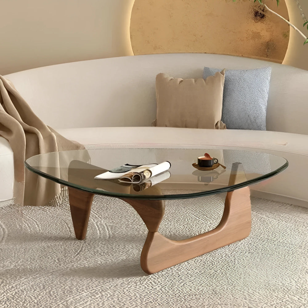 Noguchi Inspired Oval Glass Coffee Table – Elegant Japandi Wood Base for Modern Living Rooms