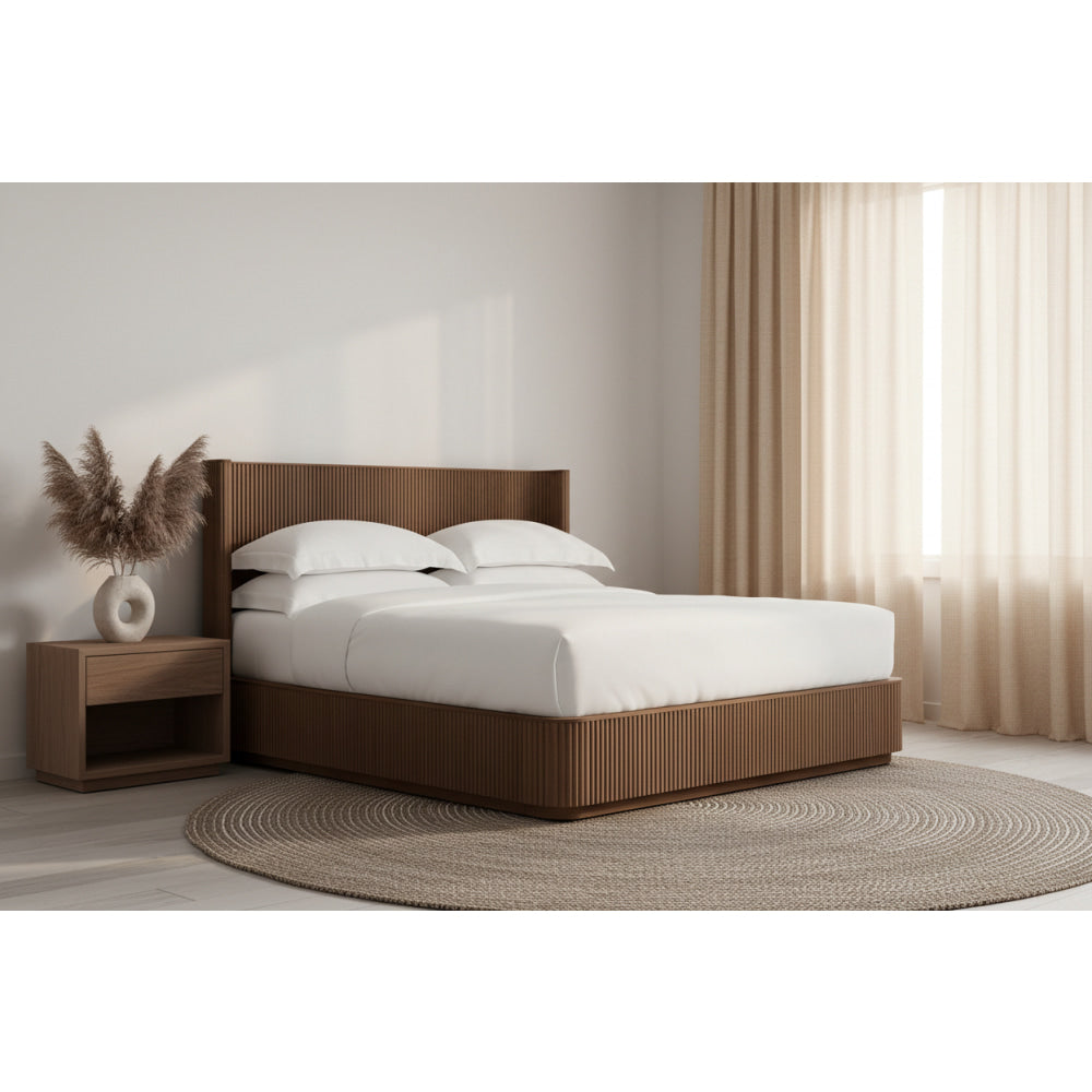 Solid Oak Reeded Platform Bed with Wingback Headboard — Modern Fluted ...