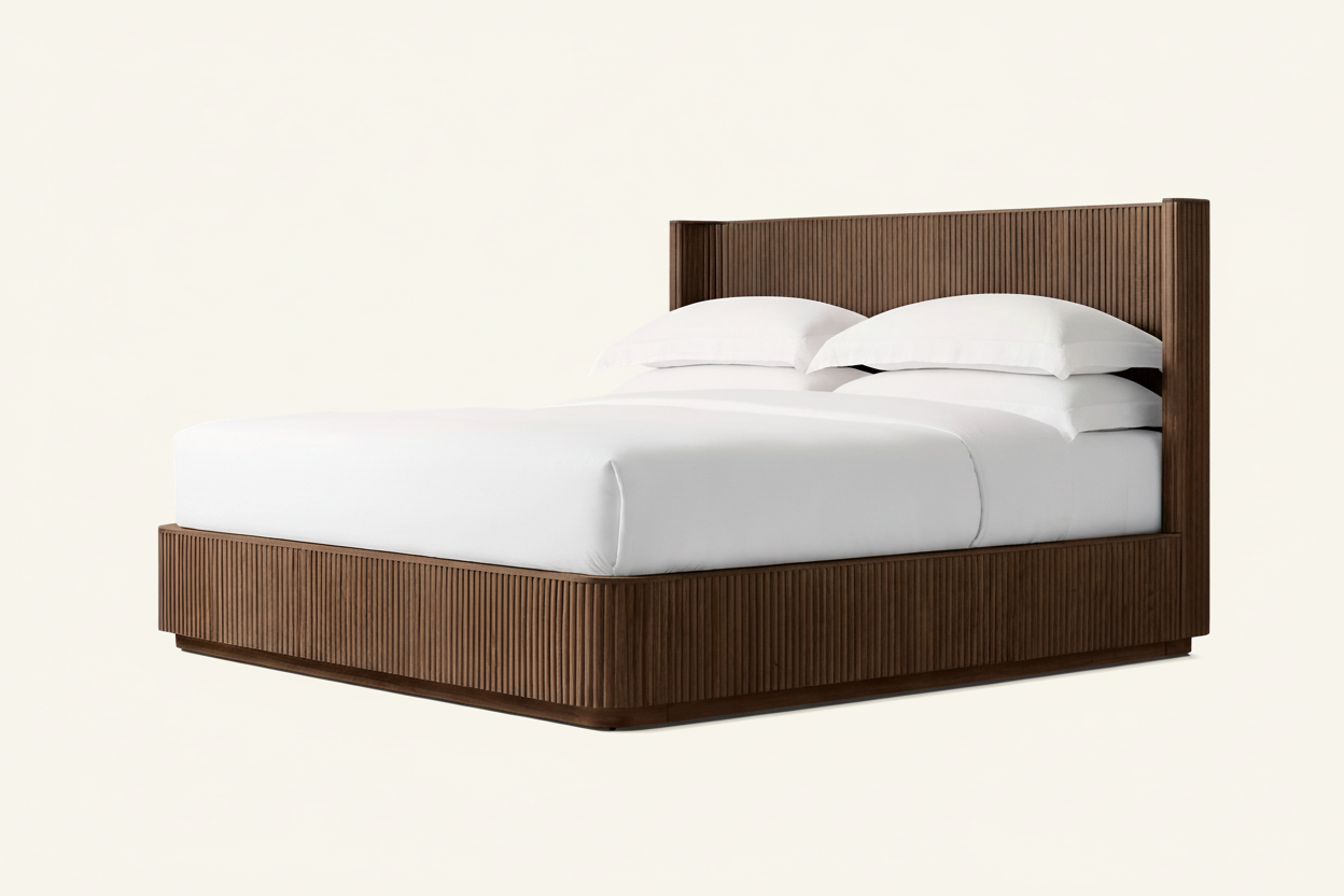Fluted Oak Platform Bed | HLMPrhy58 - Double / Light walnut - Beds