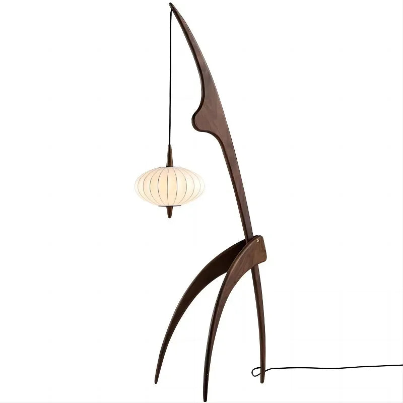 Mantis-style Wooden Floor Lamp with Japandi Minimalist Design – Walnut Finish and Soft Globe Pendant Light for Living Rooms