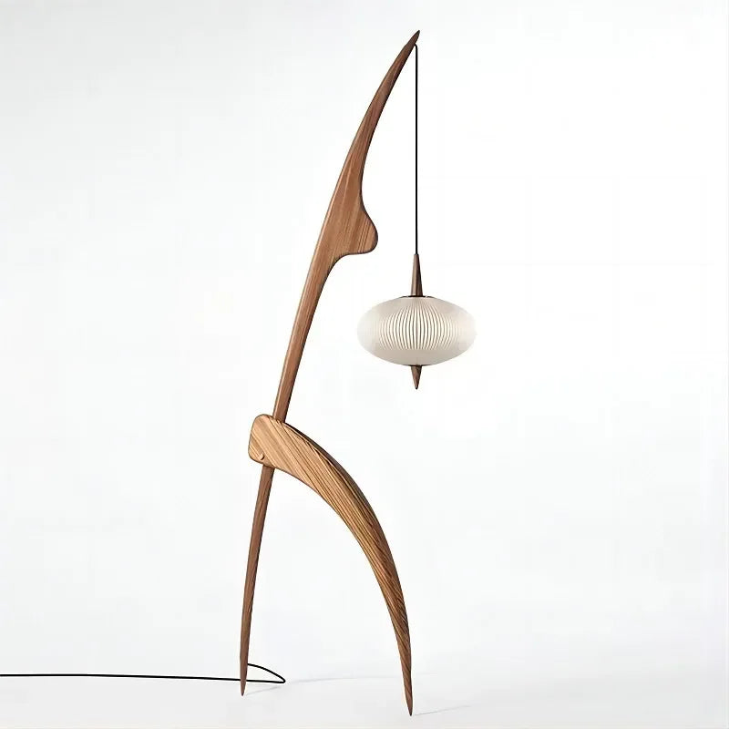 Mantis-style Wooden Floor Lamp with Japandi Minimalist Design – Walnut Finish and Soft Globe Pendant Light for Living Rooms