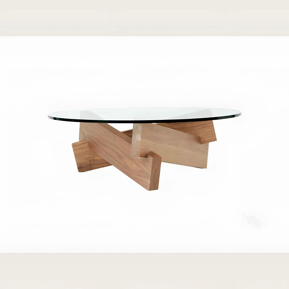 Mid-Century Glass Coffee Table with Solid Wood Base | Japandi