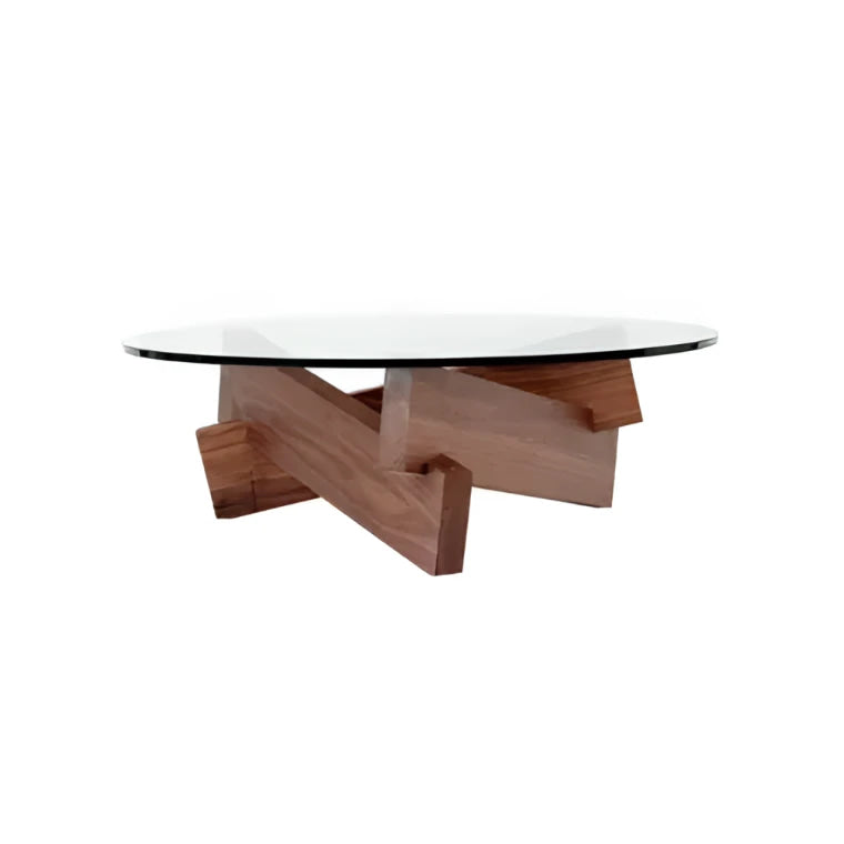 Mid-century Glass Coffee Table with Solid Wood Base | Japandi Interiors