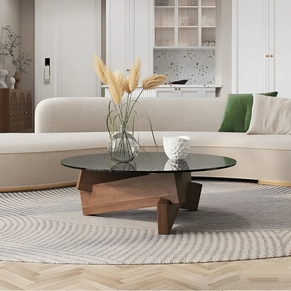 Mid-Century Glass Coffee Table with Solid Wood Base | Japandi