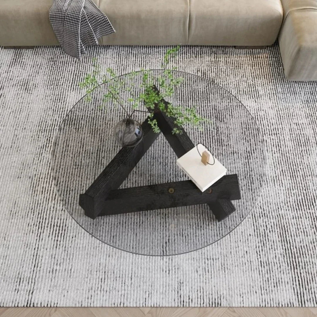 Mid-century Glass Coffee Table with Solid Wood Base | Japandi Interiors