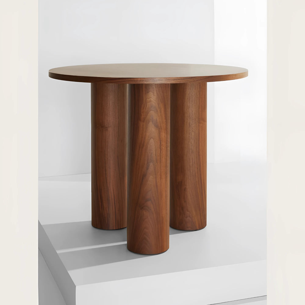 Minimalist Walnut Round Side Table with Cylindrical Column Base