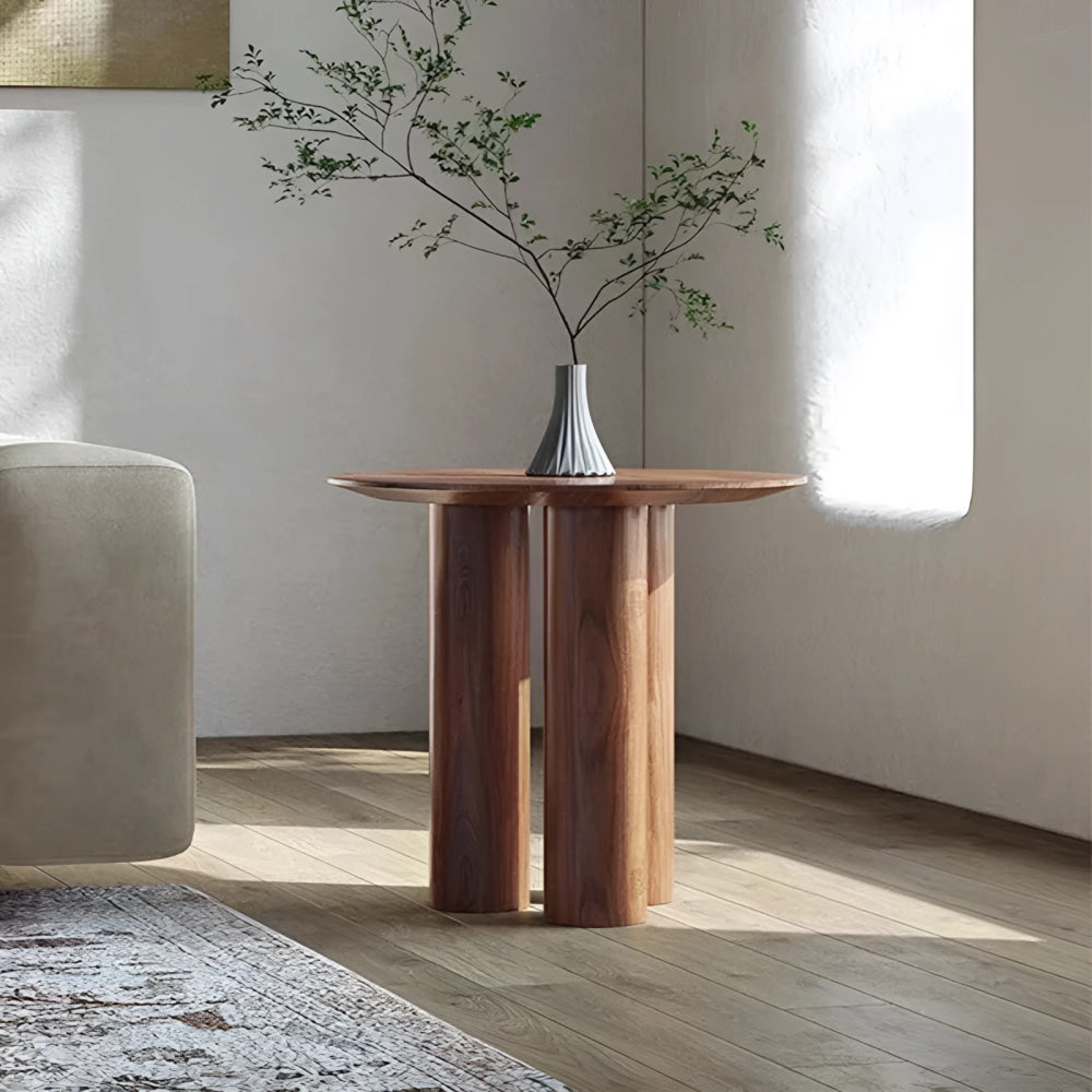 Minimalist Walnut Round Side Table with Cylindrical Column Base
