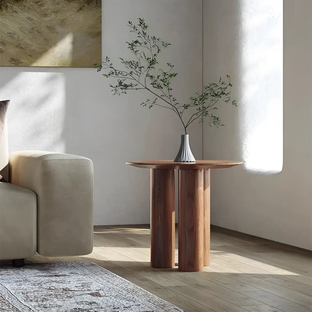 Minimalist Walnut Round Side Table with Cylindrical Column Base