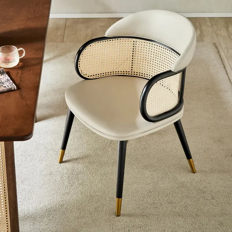 Designer Cane Dining Chair – Velvet Upholstery with Rattan Backrest and Gold-tipped legs | Luxury Interiors