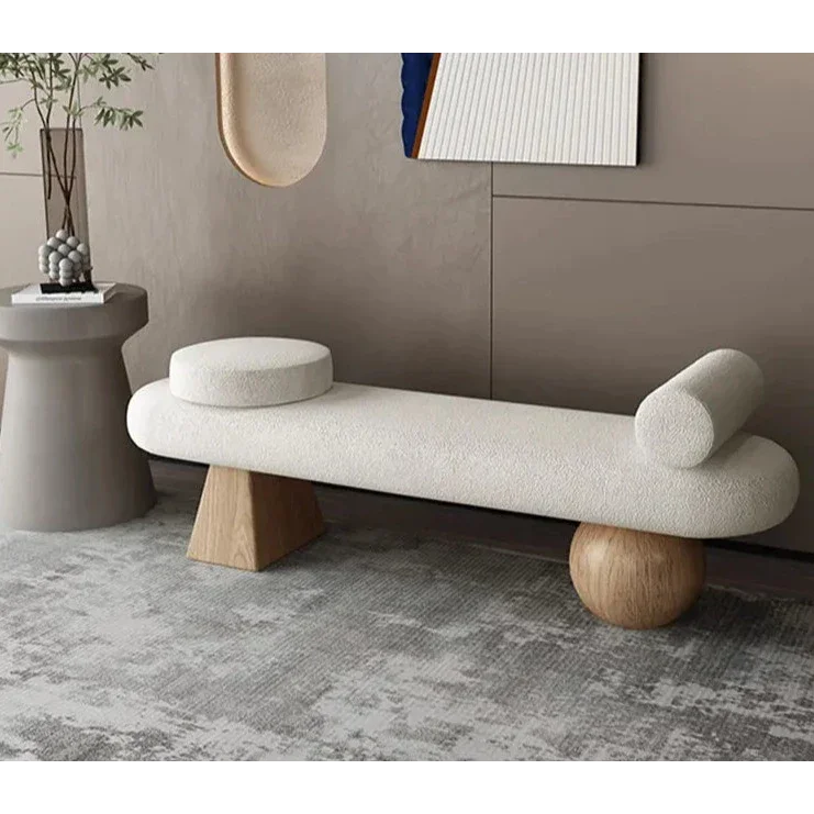 Modern Cream Upholstered Bench with Unique Wooden Base | Minimalism | Luxury Interiors