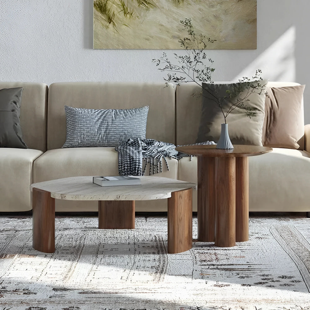 Modern Marble Top Coffee Table with Walnut Base | Japandi Interiors | Luxury Living Room