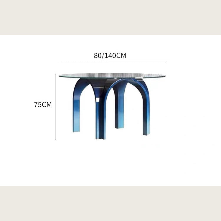 Modern Round Glass Dining Table with Metallic Blue Arched Base – Contemporary designer table