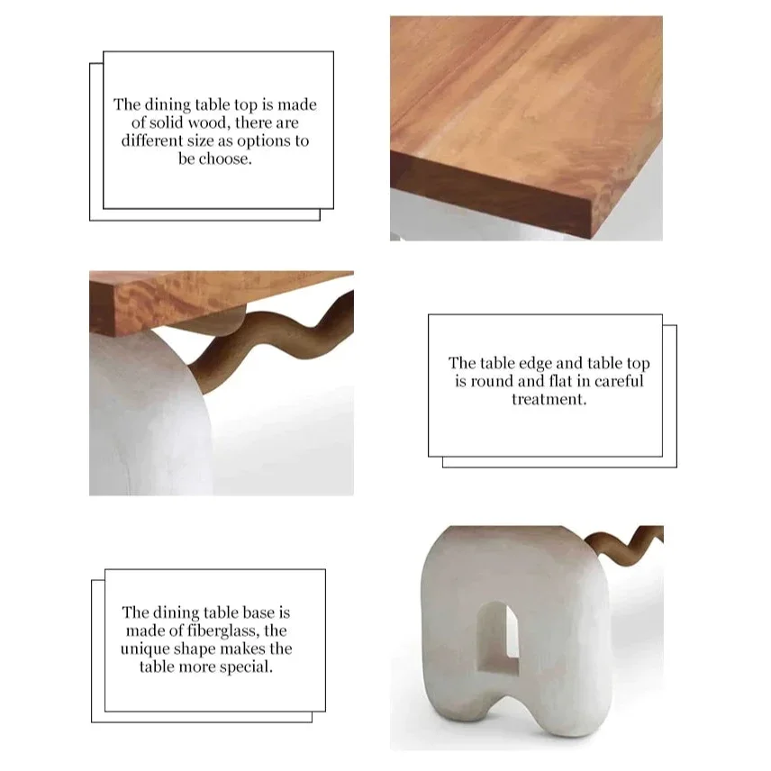 Modern Sculptural Dining Table – Solid Wood Top with Curved Stone base design