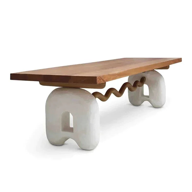 Modern Sculptural Dining Table – Solid Wood Top with Curved Stone base design